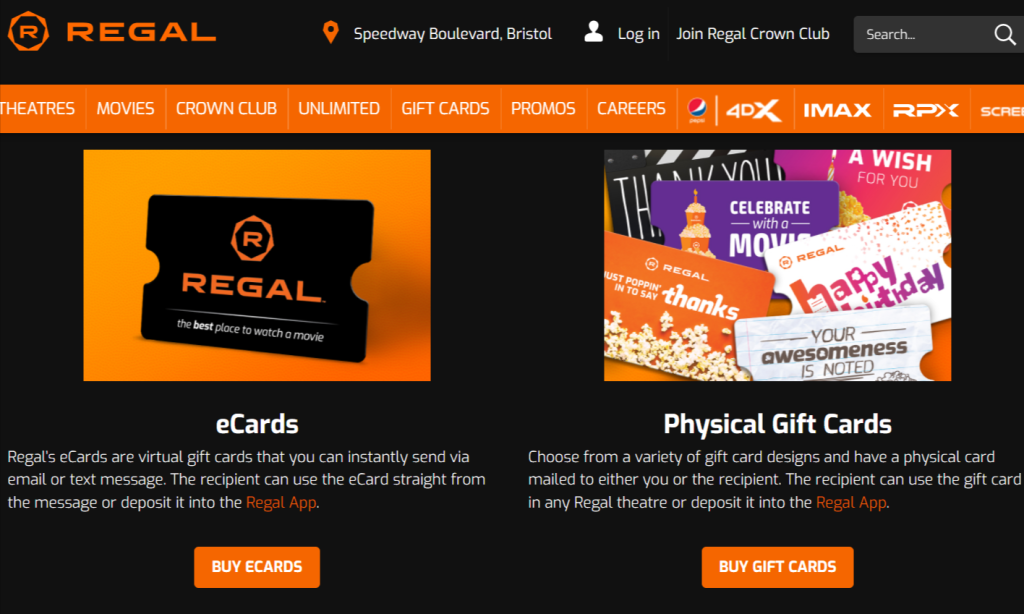 Types of Regal Cinemas Gift Cards